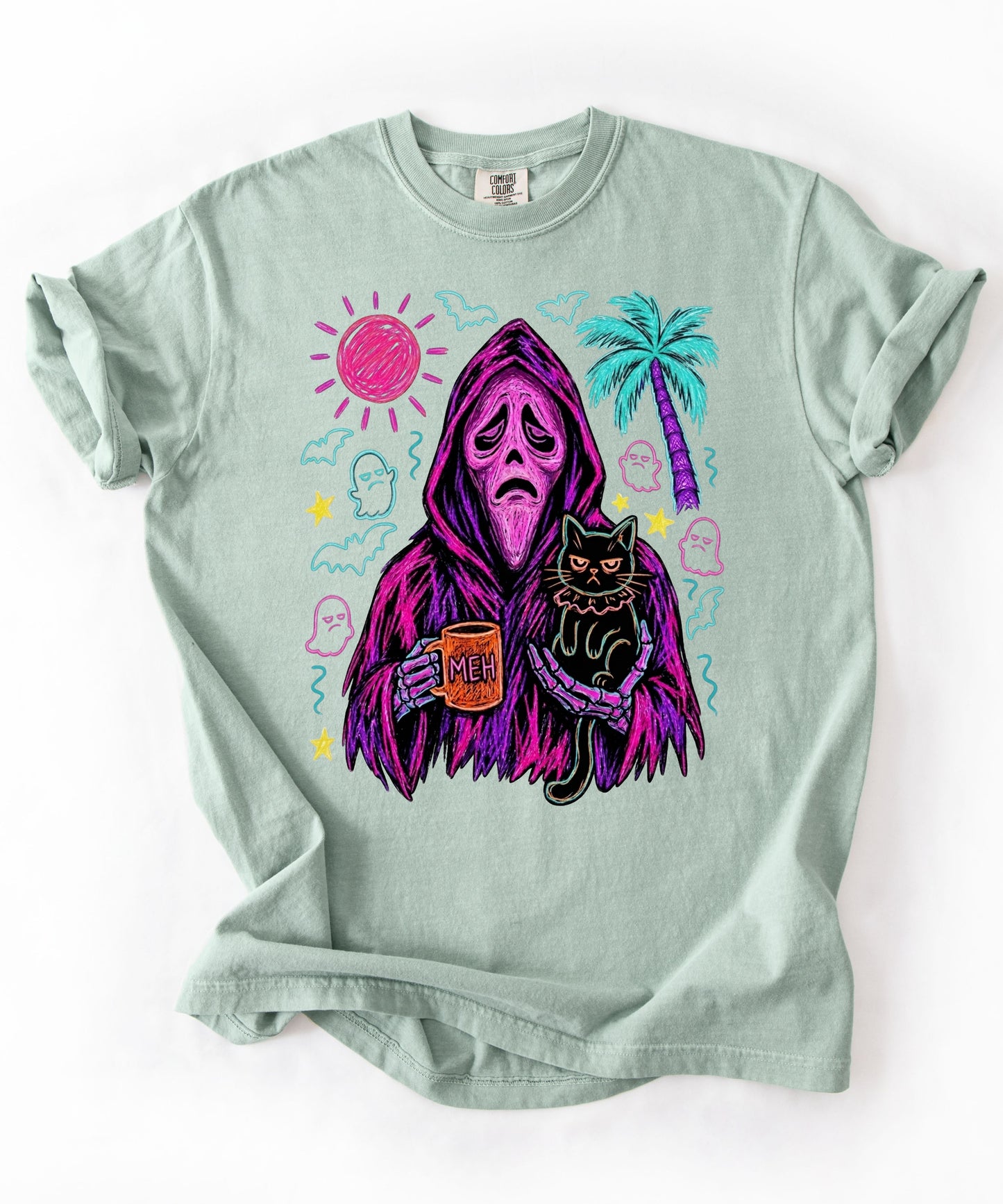 Summerween neon reaper MEH coffee mug black cat graphic on Bay Comfort Colors tee
