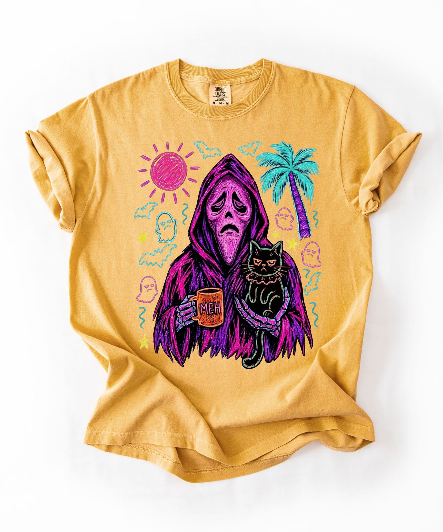 Summerween neon reaper MEH coffee mug black cat graphic on Mustard Comfort Colors tee