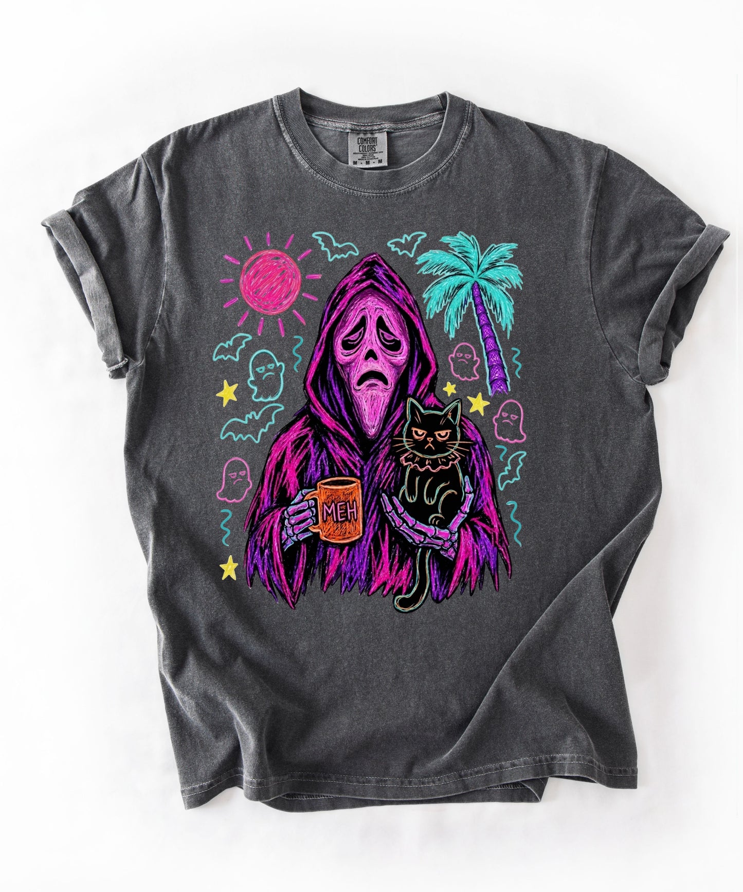Summerween neon reaper MEH coffee mug black cat graphic on Pepper Comfort Colors tee