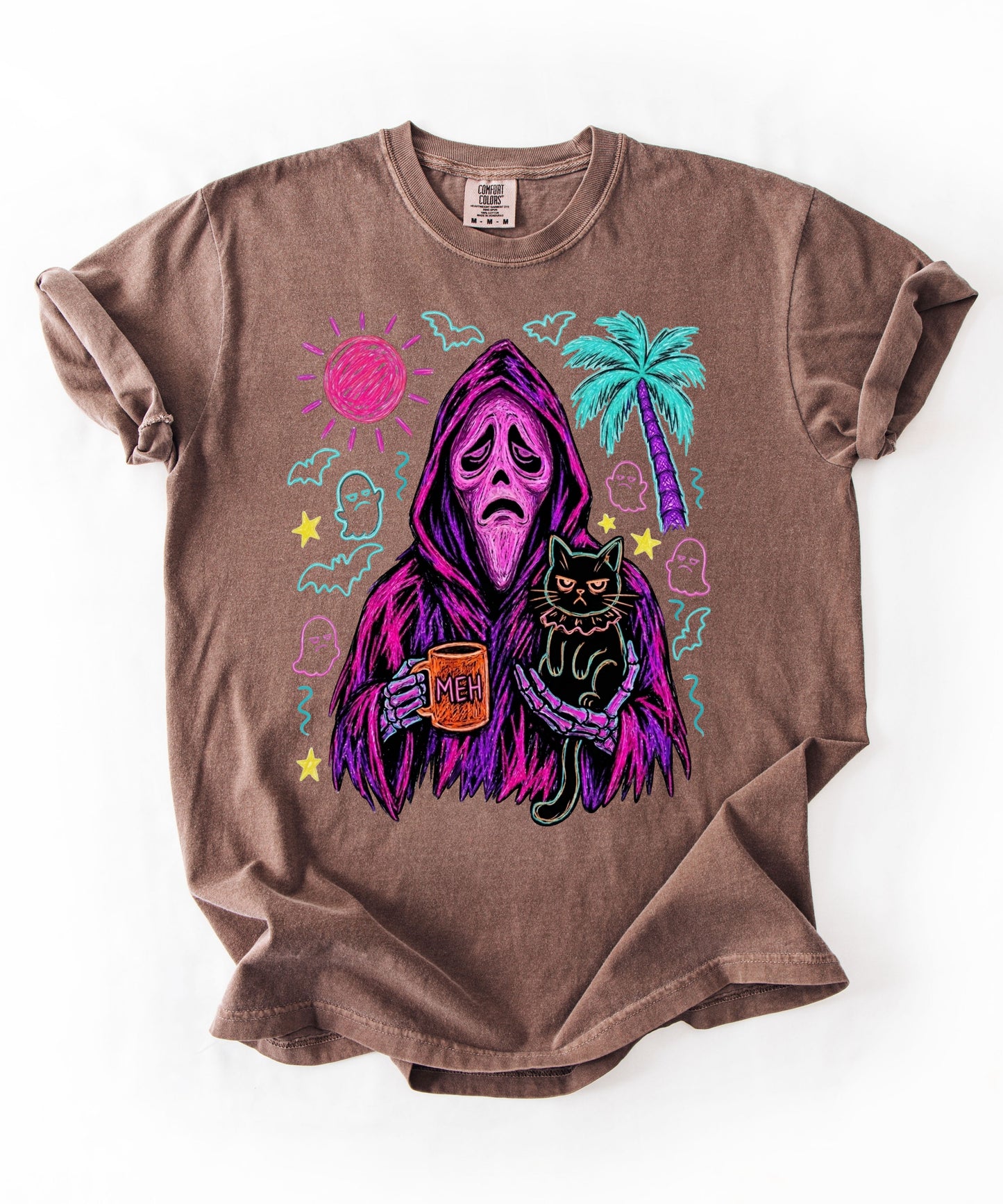Summerween neon reaper MEH coffee mug black cat graphic on Espresso Comfort Colors tee