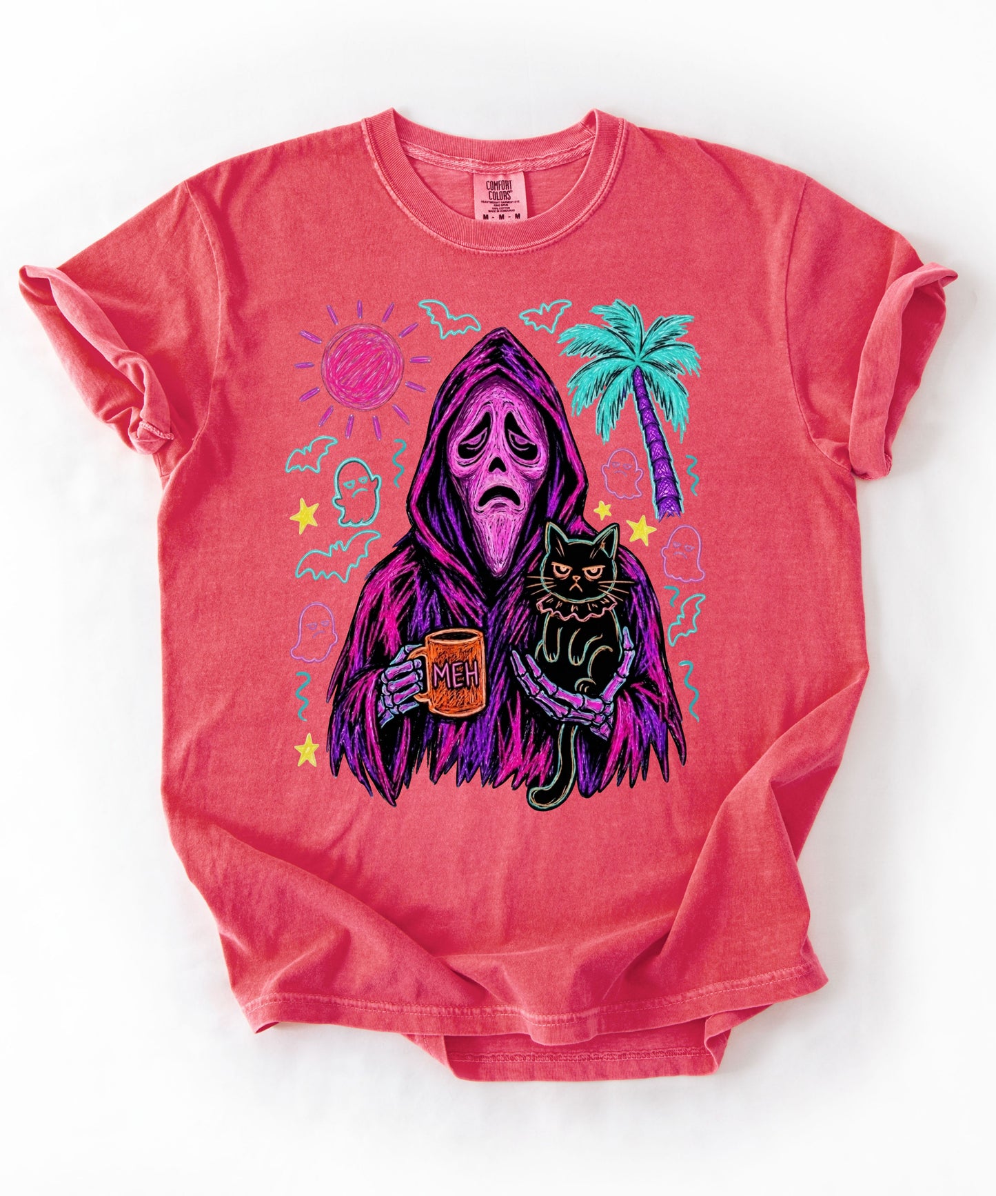 Summerween neon reaper MEH coffee mug black cat graphic on Watermelon Comfort Colors tee