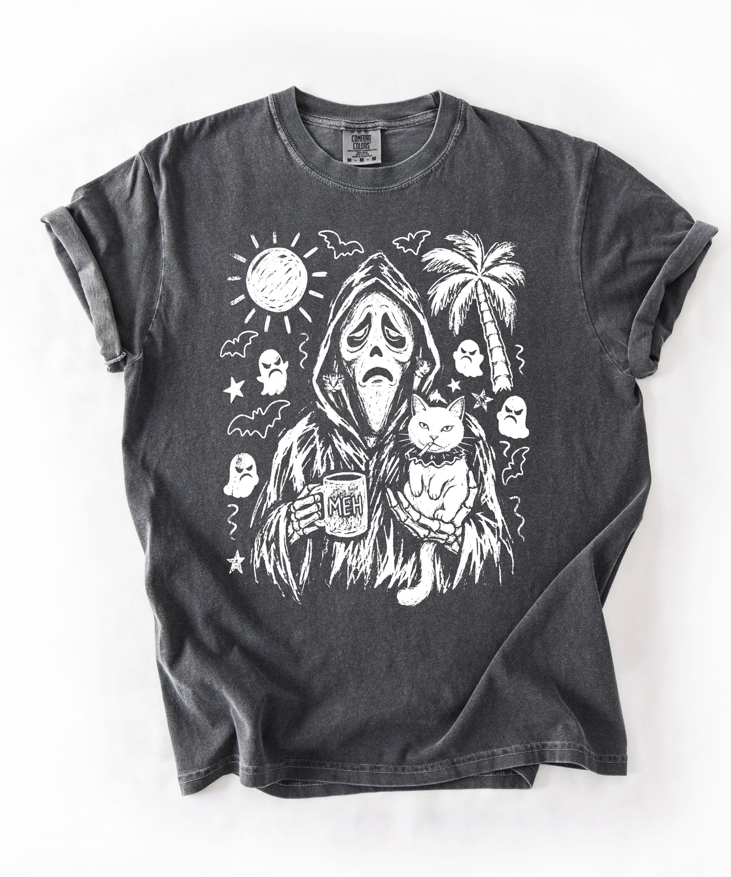 Cat gang ghostface reaper holding cats and MEH mug sketch graphic on Pepper Comfort Colors tee