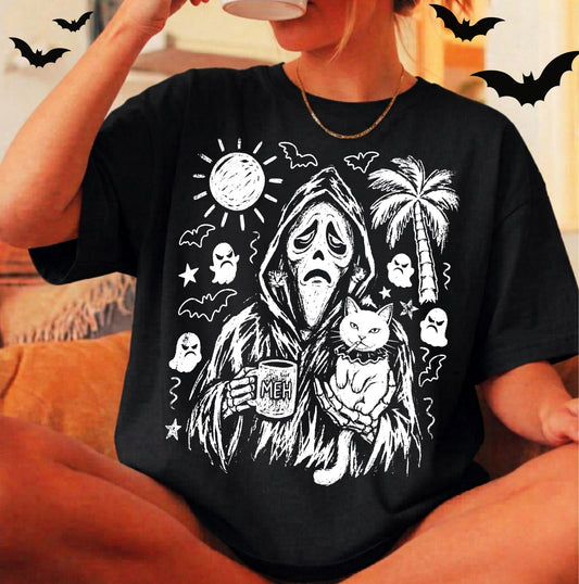 Cat gang ghostface reaper holding cats and MEH mug sketch graphic on black Comfort Colors tee