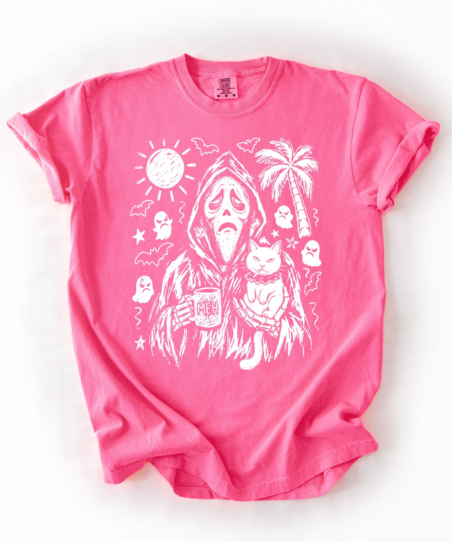 Cat gang ghostface reaper holding cats and MEH mug sketch graphic on Neon Pink Comfort Colors tee