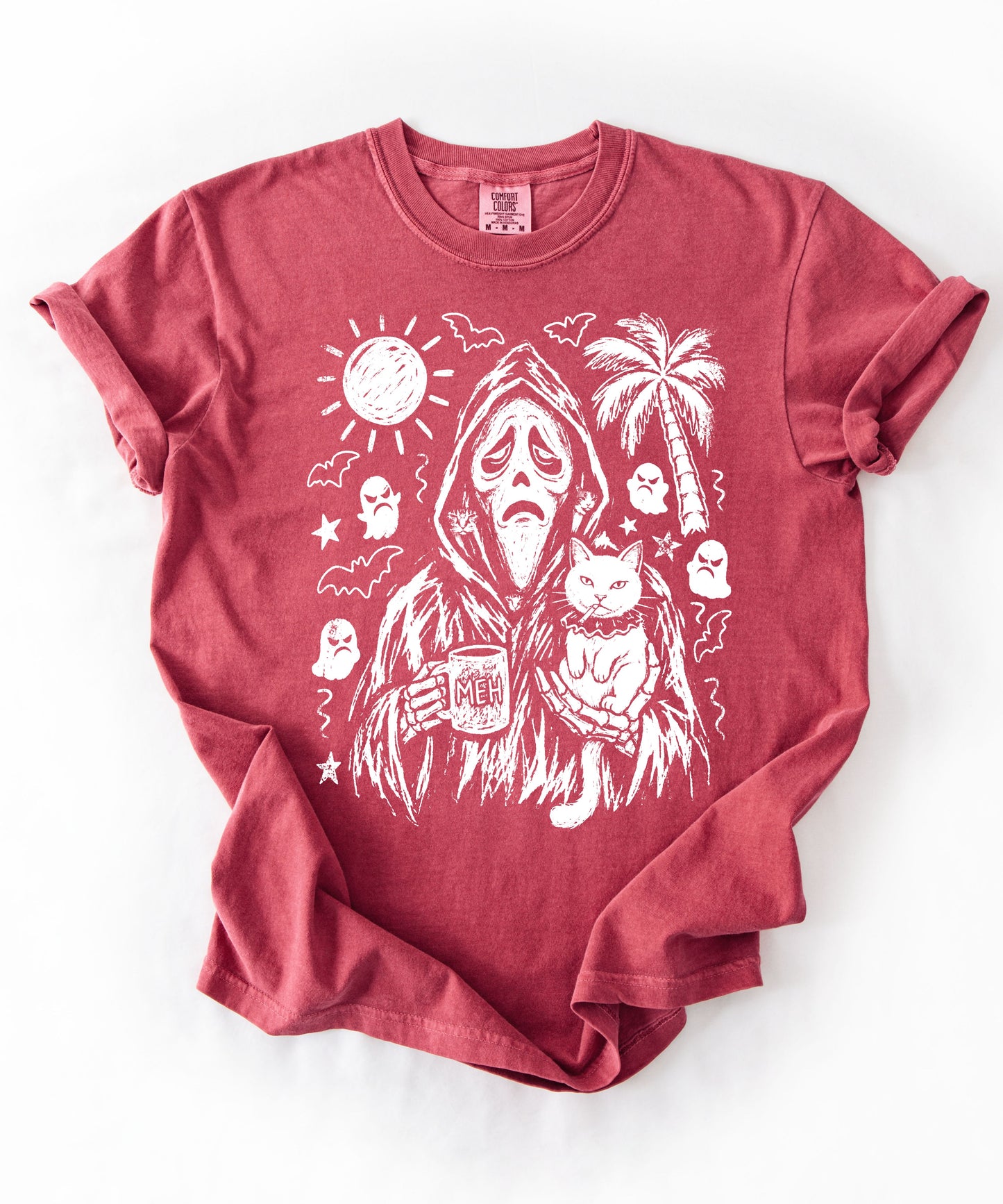 Cat gang ghostface reaper holding cats and MEH mug sketch graphic on Crimson Comfort Colors tee