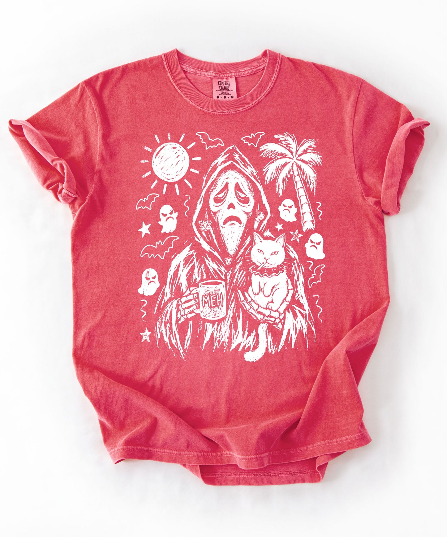 Cat gang ghostface reaper holding cats and MEH mug sketch graphic on Watermelon Comfort Colors tee