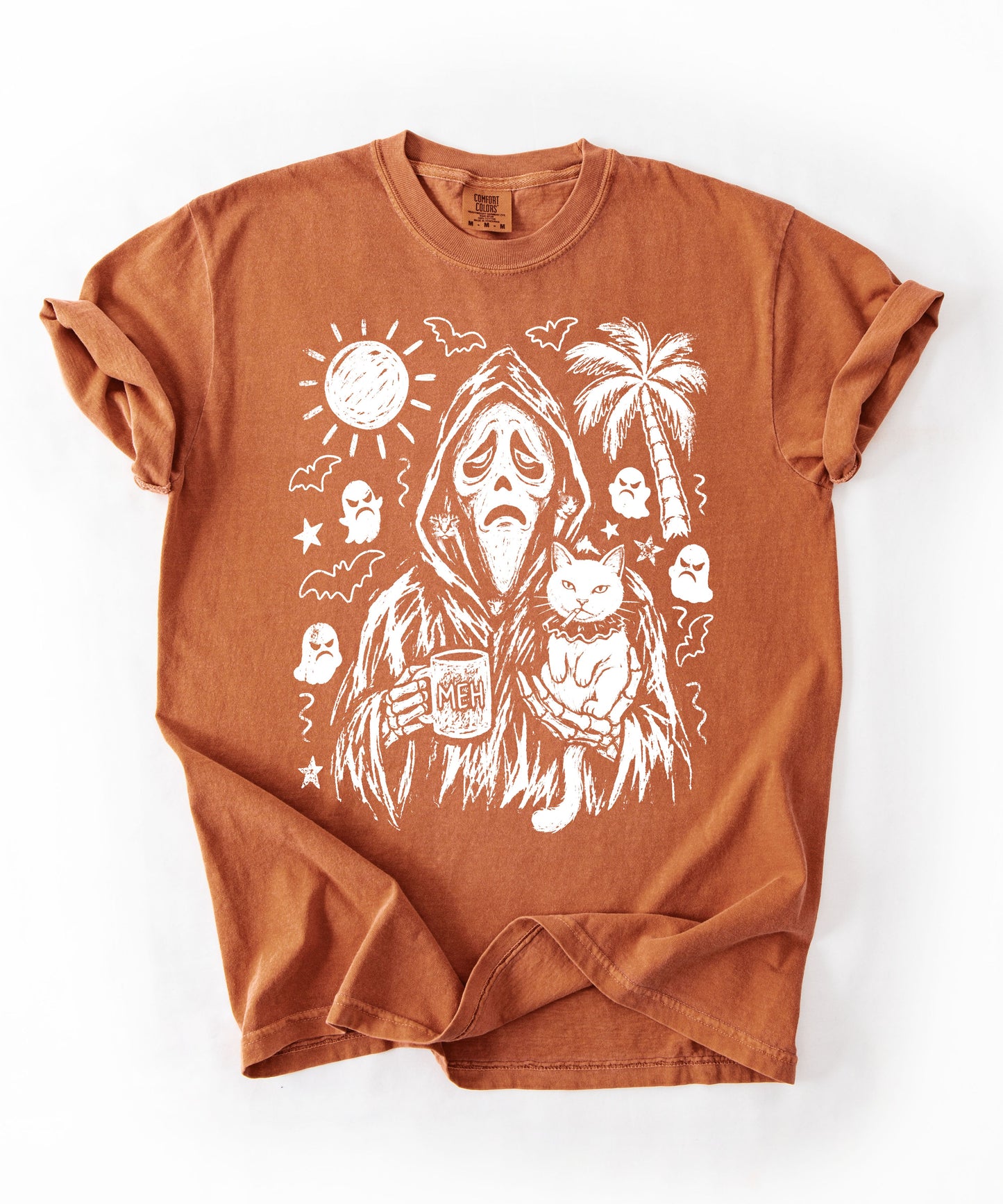 Cat gang ghostface reaper holding cats and MEH mug sketch graphic on Yam Comfort Colors tee
