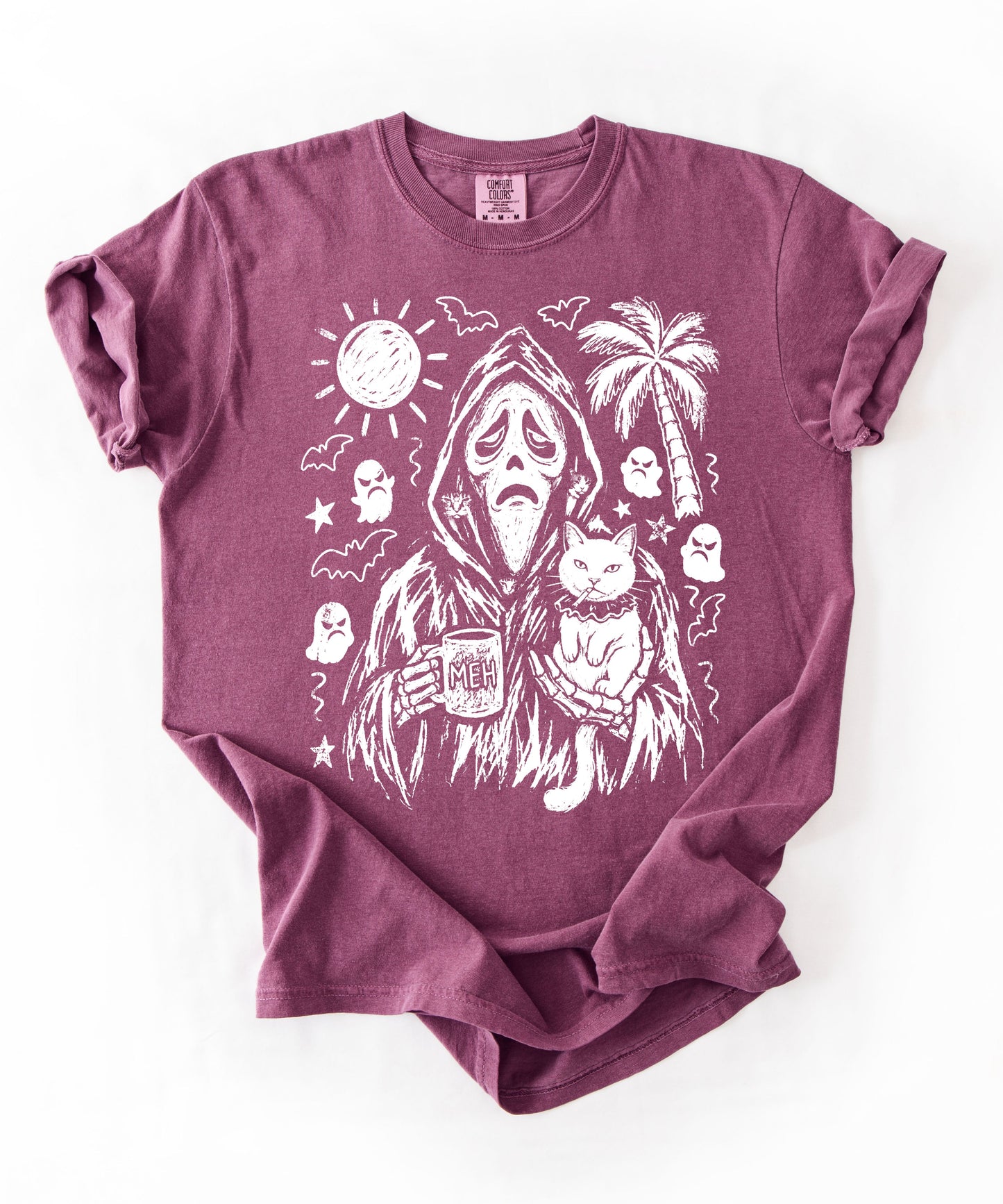 Cat gang ghostface reaper holding cats and MEH mug sketch graphic on Berry Comfort Colors tee