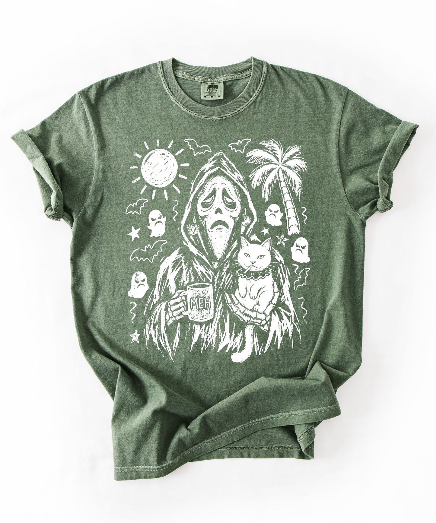 Cat gang ghostface reaper holding cats and MEH mug sketch graphic on Moss Comfort Colors tee