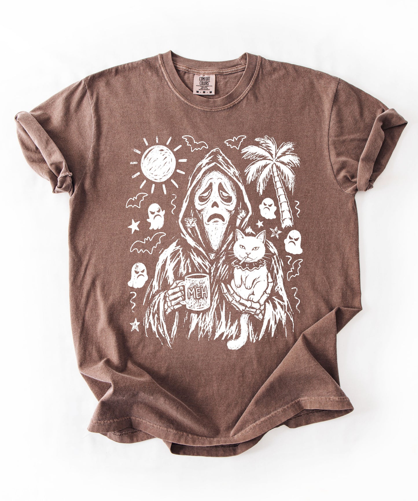 Cat gang ghostface reaper holding cats and MEH mug sketch graphic on Espresso Comfort Colors tee