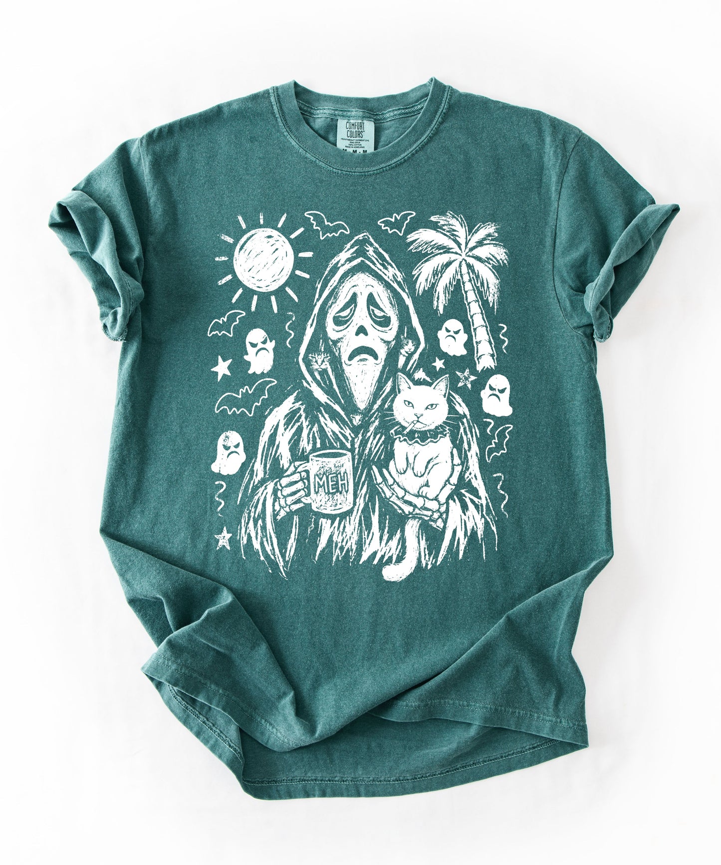 Cat gang ghostface reaper holding cats and MEH mug sketch graphic on Blue Spruce Comfort Colors tee