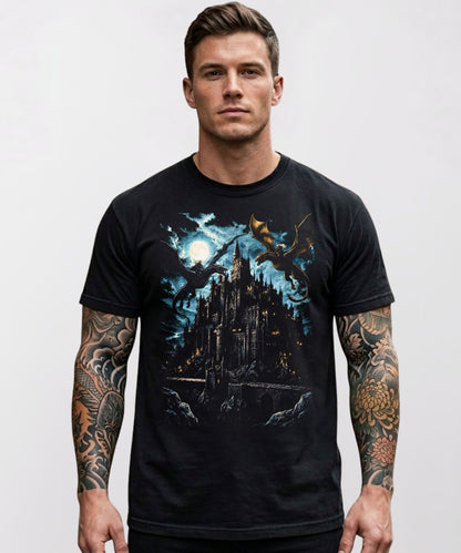 Model wearing a black heavyweight graphic t-shirt with a dark fantasy gothic castle and dragon design on the chest, styled casually.