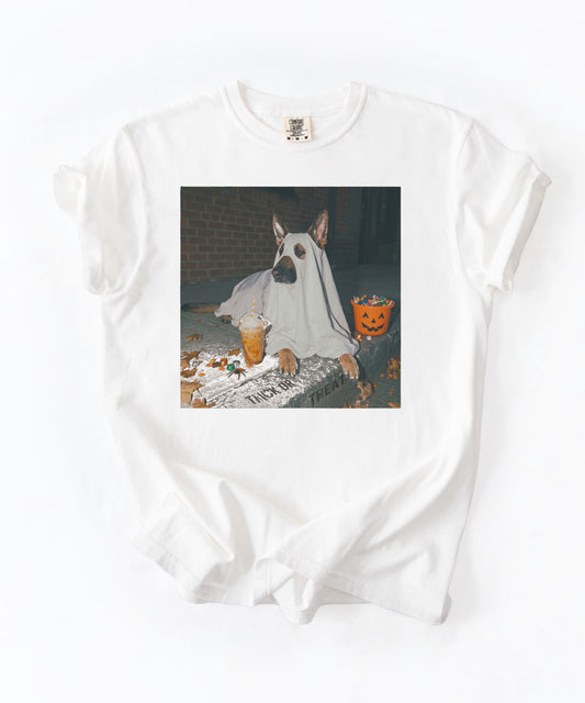 White Reef garment-dyed t-shirt with German Shepherd in ghost costume Halloween ghost dog tee by GodaStudio