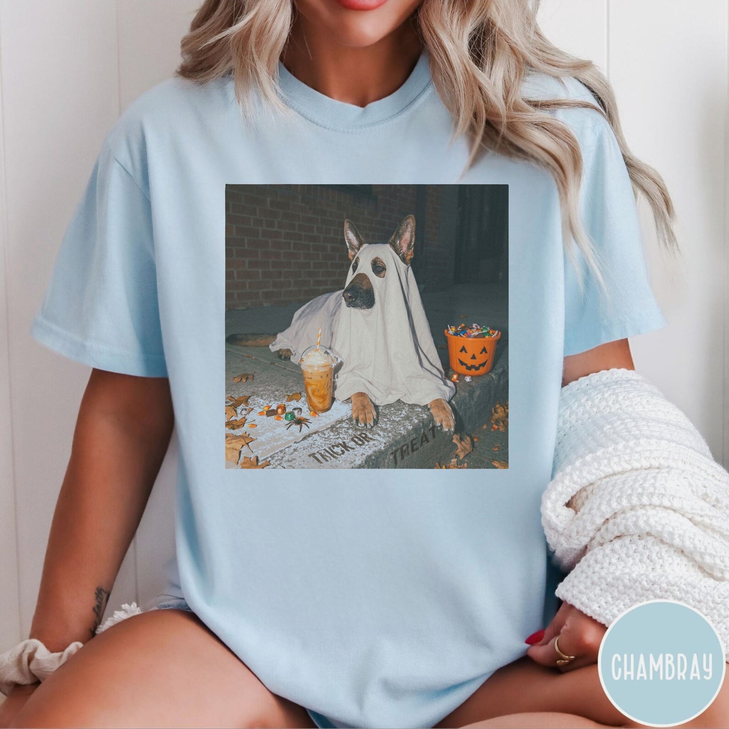 Chambray garment-dyed t-shirt with German Shepherd in ghost costume jack-o'-lantern treat bucket — Halloween ghost dog tee by GodaStudio