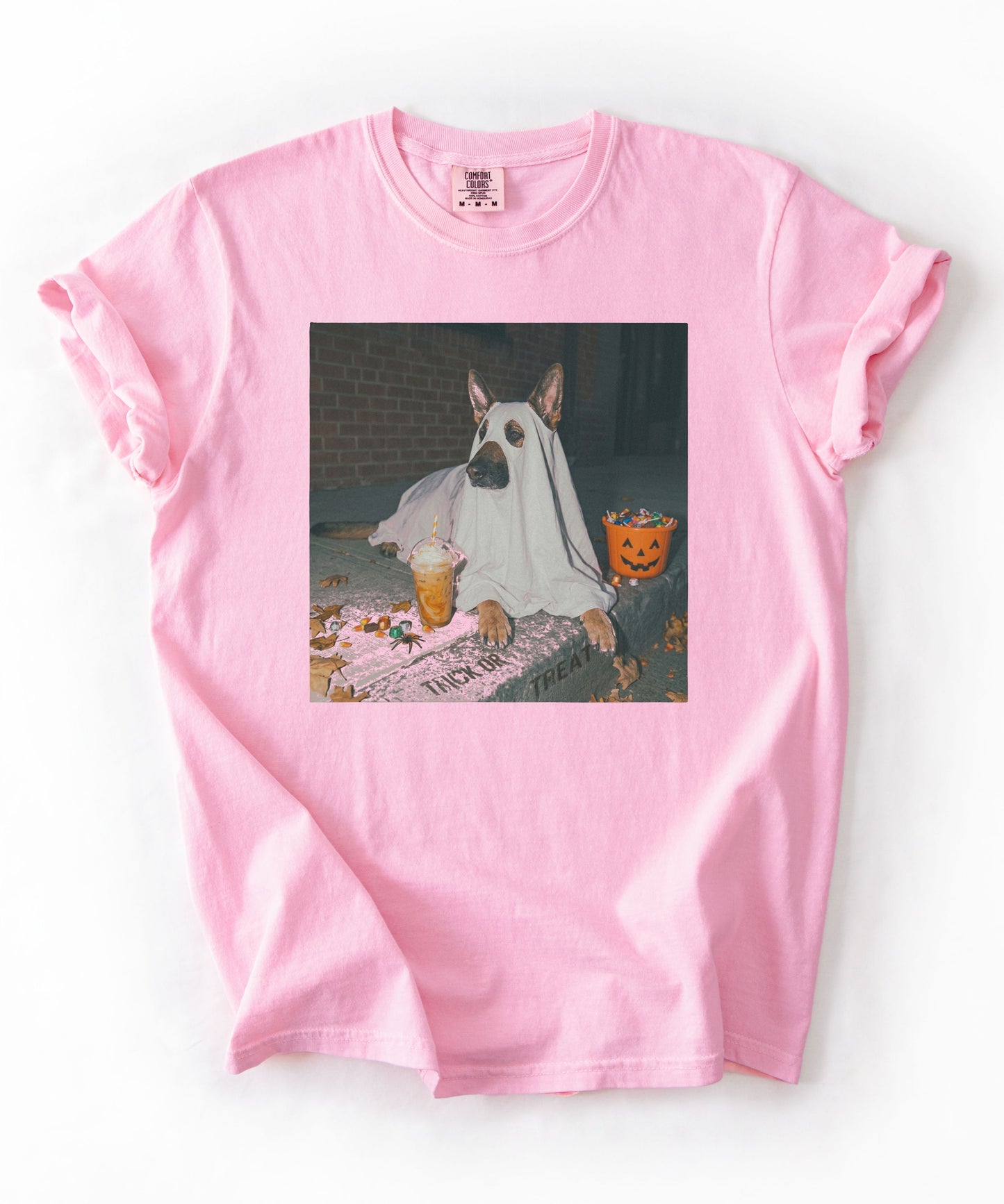 Blossom garment-dyed t-shirt with German Shepherd in ghost costume jack-o'-lantern treat bucket — Halloween ghost dog tee by GodaStudio