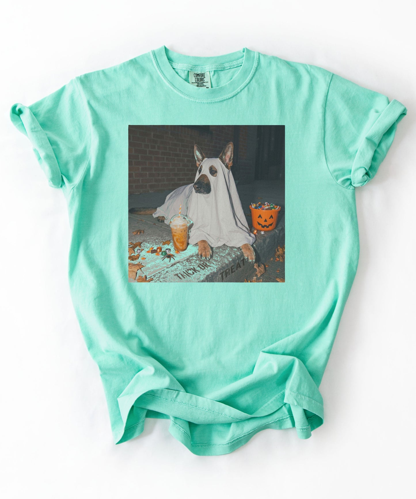 Island Reef garment-dyed t-shirt with German Shepherd in ghost costume Halloween ghost dog tee by GodaStudio
