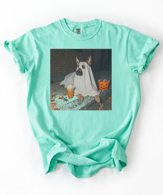 Island Reef garment-dyed t-shirt with German Shepherd in ghost costume Halloween ghost dog tee by GodaStudio