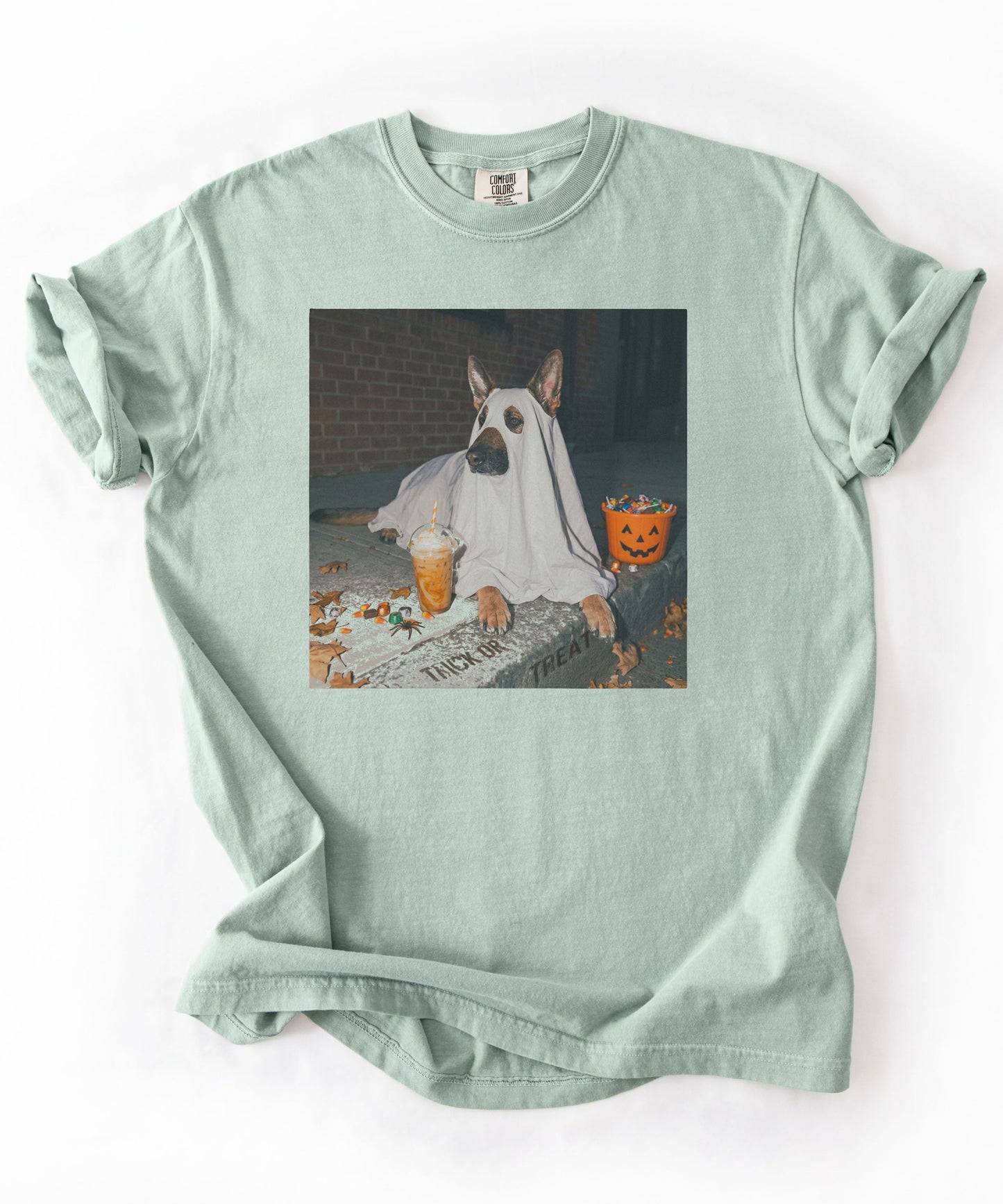 Bay garment-dyed t-shirt with German Shepherd in ghost costume jack-o'-lantern treat bucket — Halloween ghost dog tee by GodaStudio