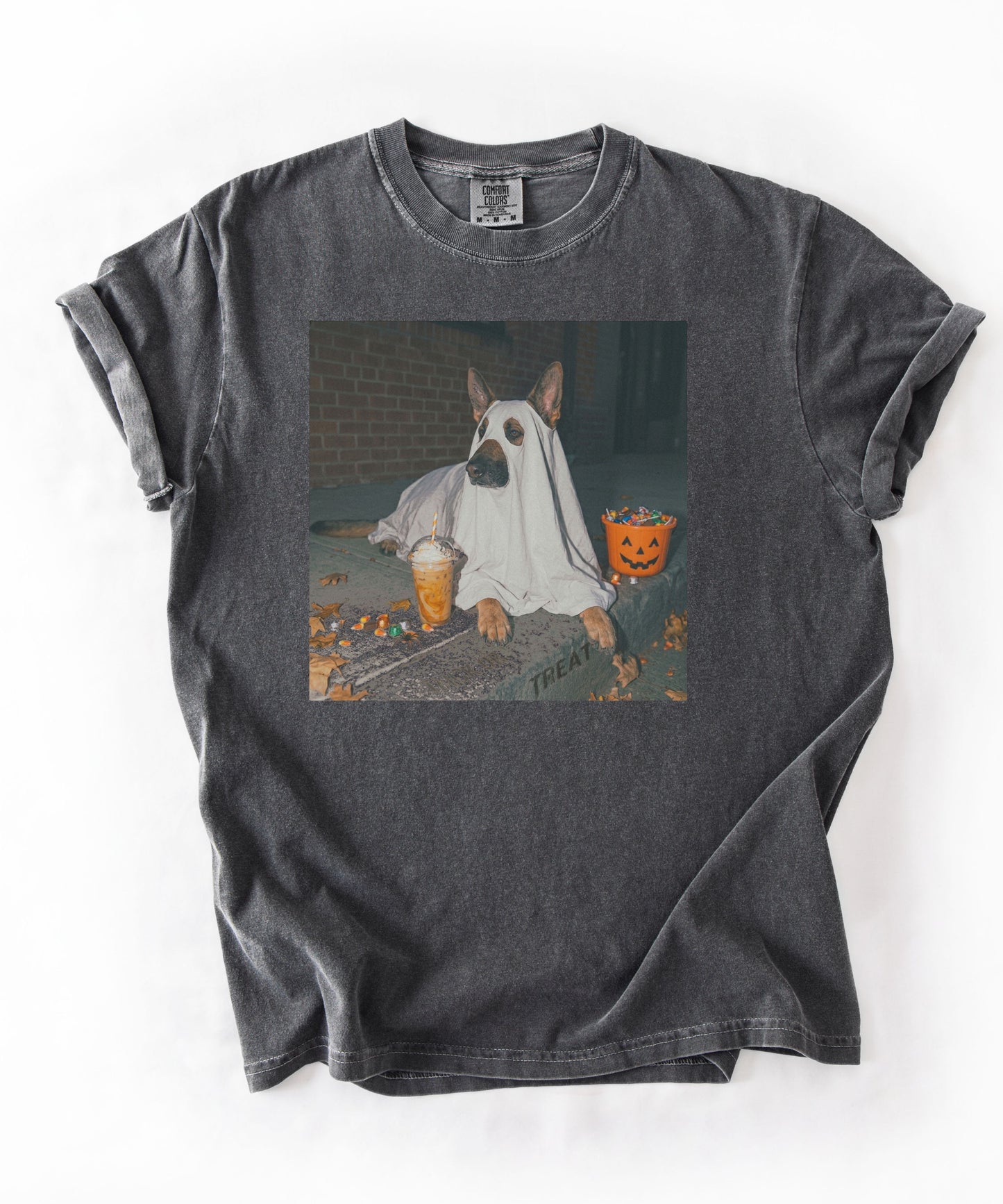 Peppergarment-dyed t-shirt with German Shepherd in ghost costume jack-o'-lantern treat bucket — Halloween ghost dog tee by GodaStudio