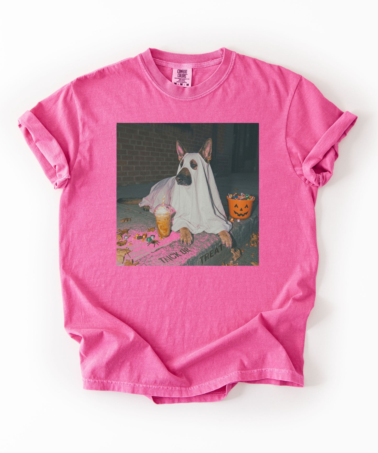 Crunchberry garment-dyed t-shirt with German Shepherd in ghost costume jack-o'-lantern treat bucket — Halloween ghost dog tee by GodaStudio