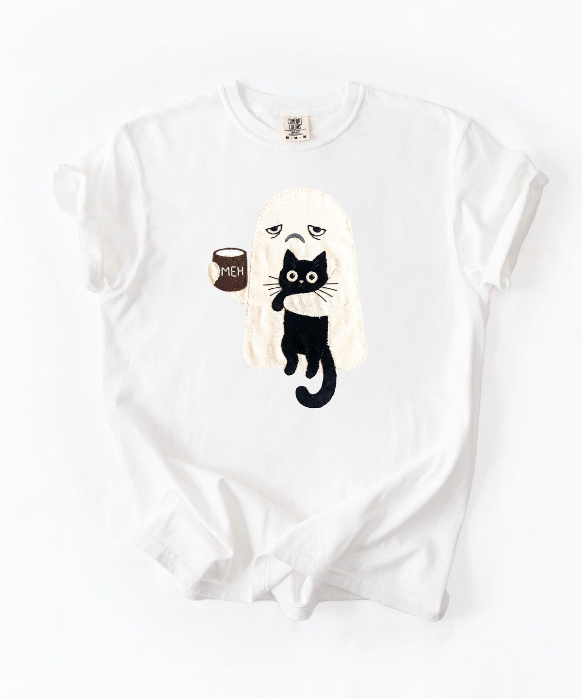 Ghost Cat Faux Patchwork Graphic T-Shirt — Grumpy Ghost Black Cat Coffee Tee