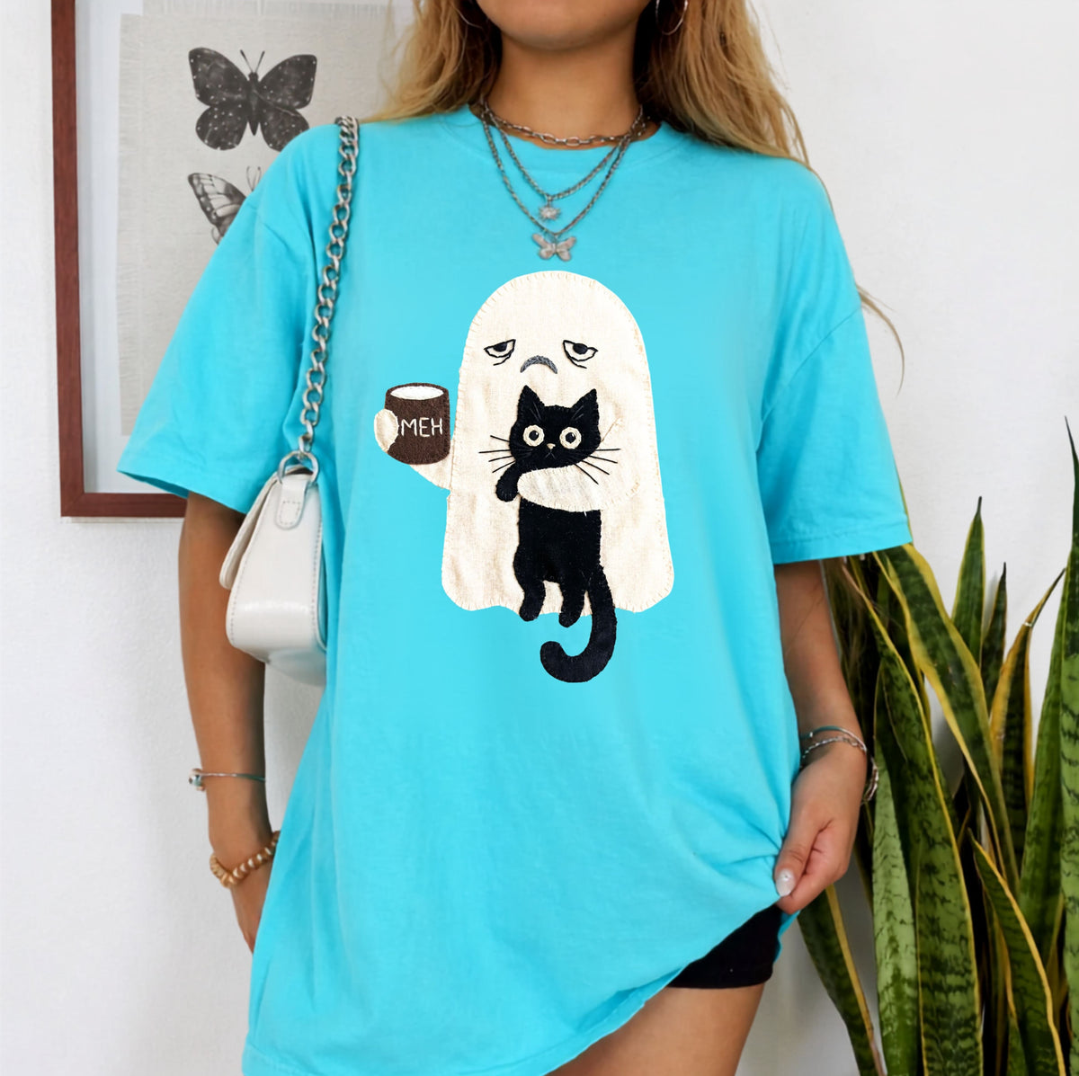 Ghost Cat Faux Patchwork Graphic T-Shirt — Grumpy Ghost Black Cat Coffee Tee
