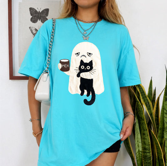 Ghost Cat Faux Patchwork Graphic T-Shirt — Grumpy Ghost Black Cat Coffee Tee