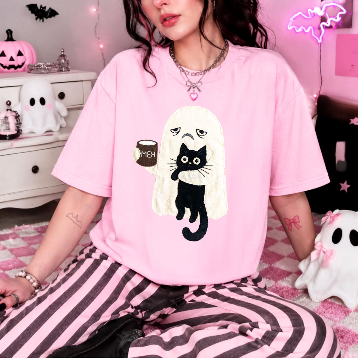 Ghost Cat Faux Patchwork Graphic T-Shirt — Grumpy Ghost Black Cat Coffee Tee