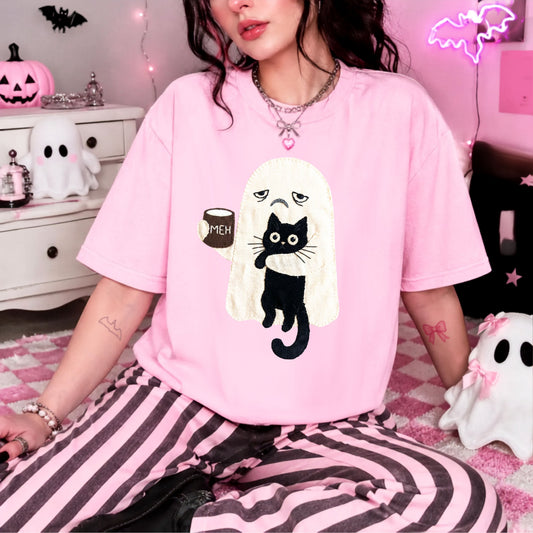 Ghost Cat Faux Patchwork Graphic T-Shirt — Grumpy Ghost Black Cat Coffee Tee