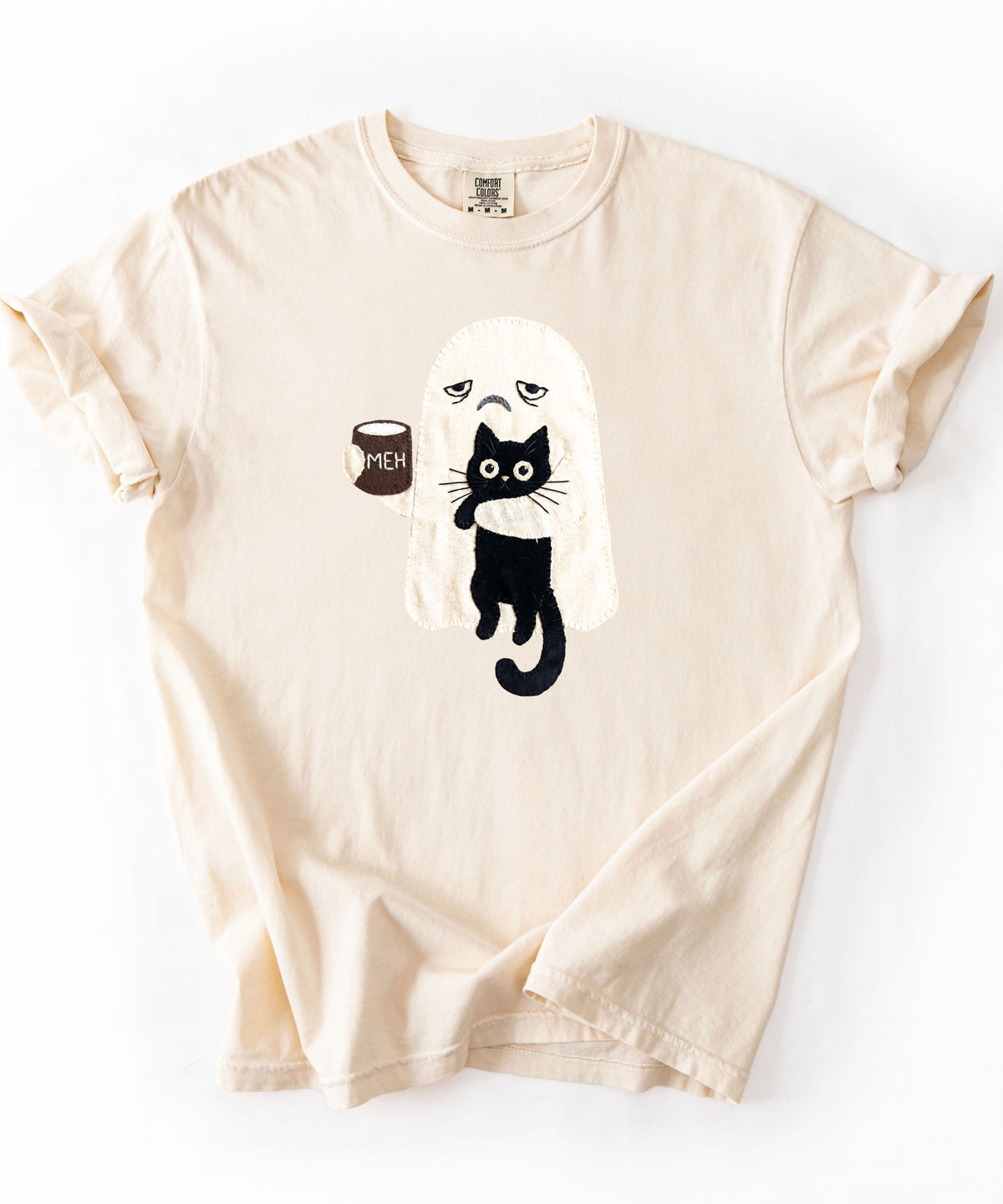Ghost Cat Faux Patchwork Graphic T-Shirt — Grumpy Ghost Black Cat Coffee Tee