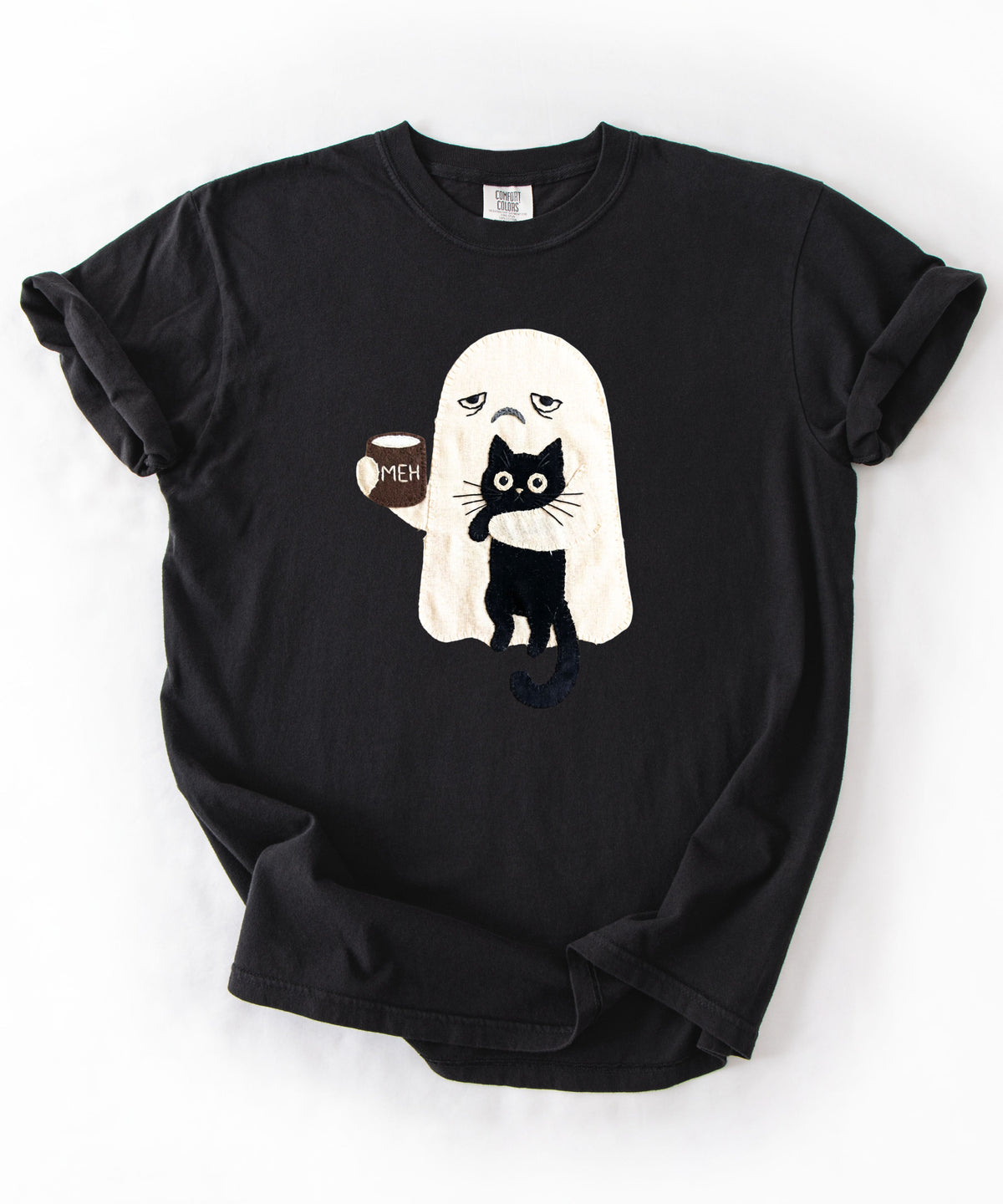 Ghost Cat Faux Patchwork Graphic T-Shirt — Grumpy Ghost Black Cat Coffee Tee