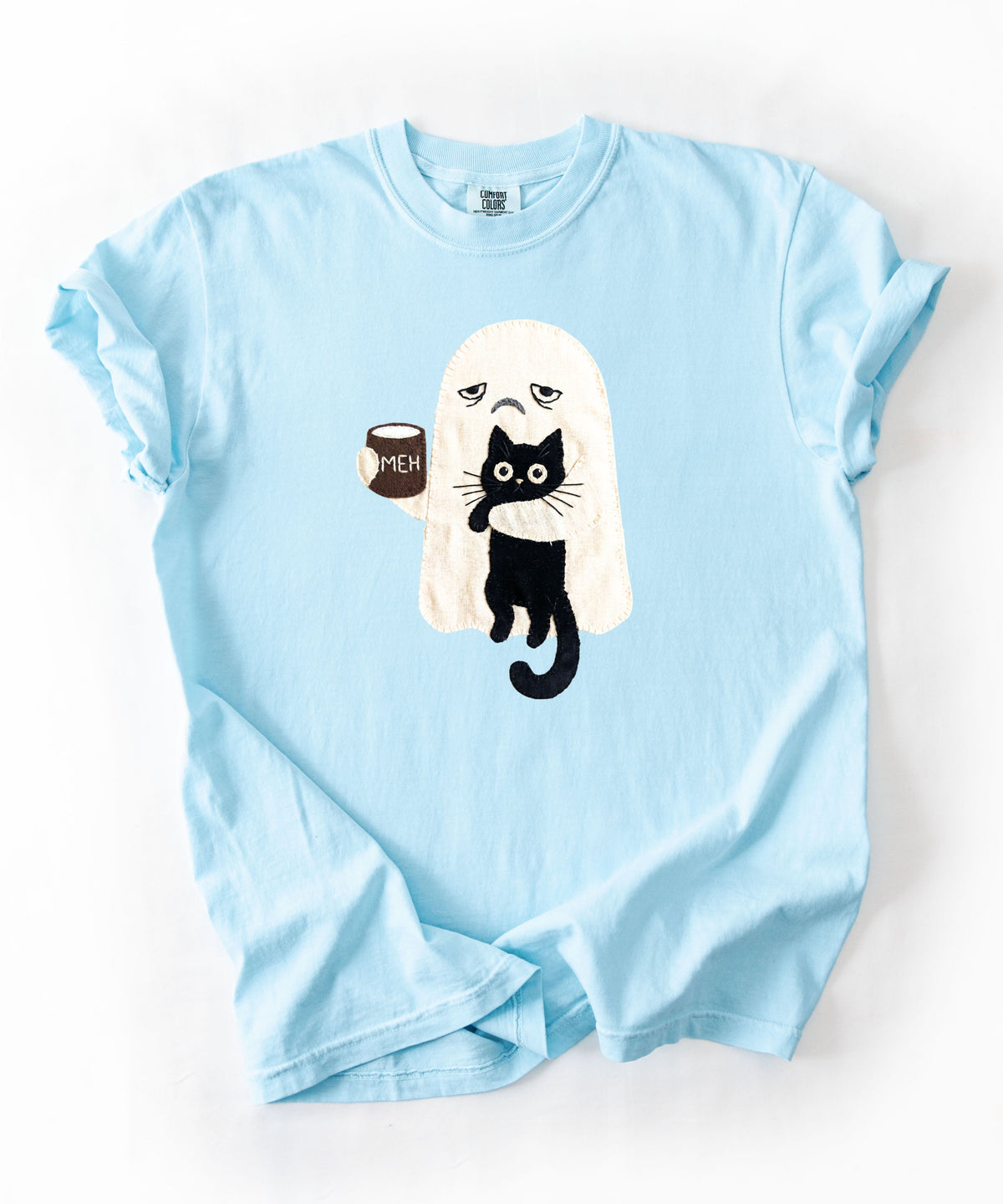 Ghost Cat Faux Patchwork Graphic T-Shirt — Grumpy Ghost Black Cat Coffee Tee