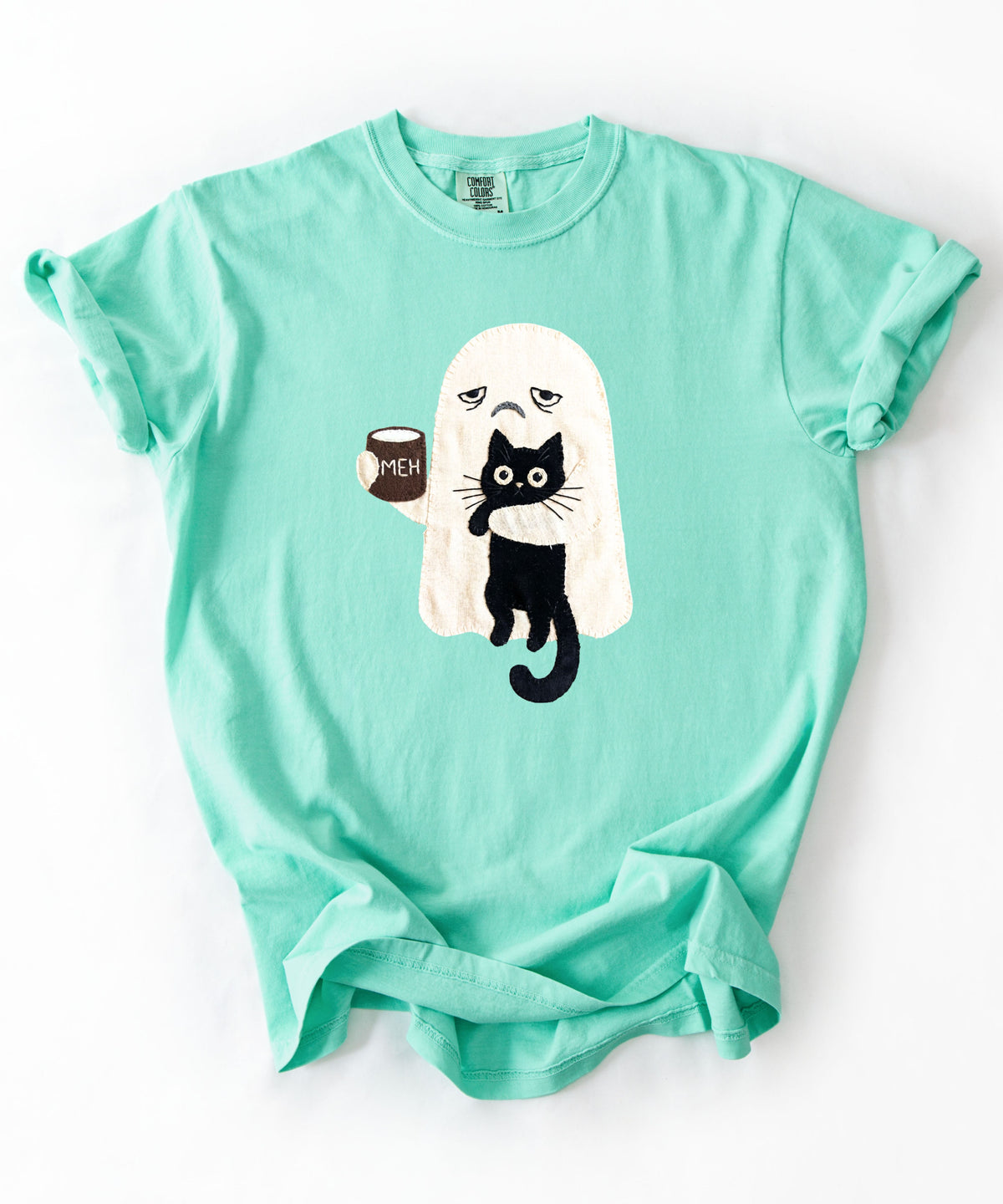 Ghost Cat Faux Patchwork Graphic T-Shirt — Grumpy Ghost Black Cat Coffee Tee