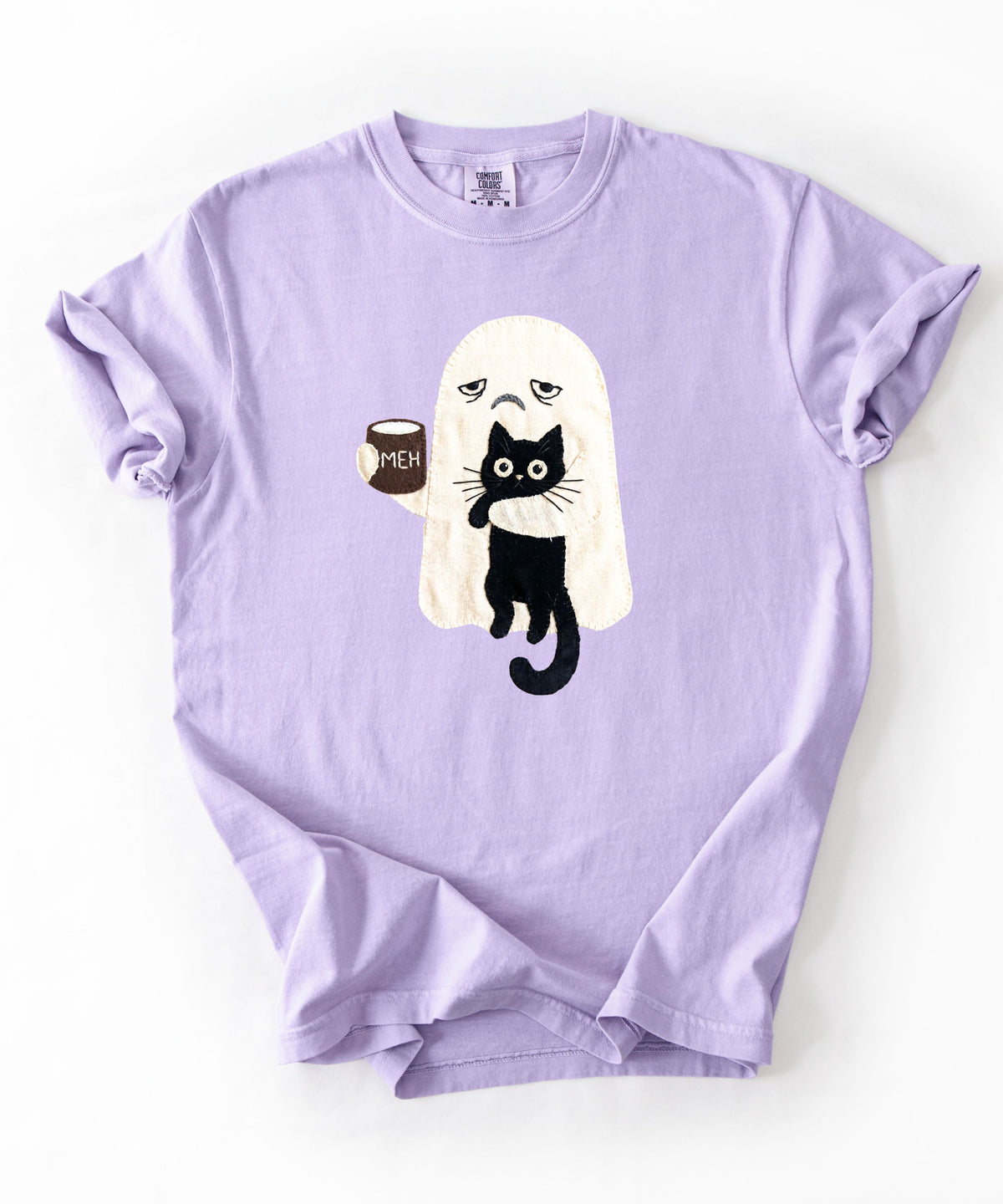 Ghost Cat Faux Patchwork Graphic T-Shirt — Grumpy Ghost Black Cat Coffee Tee