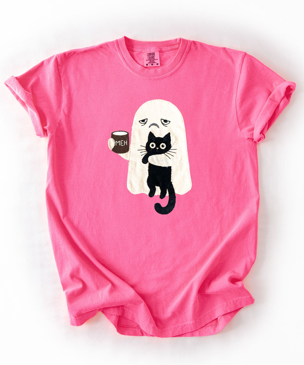 Ghost Cat Faux Patchwork Graphic T-Shirt — Grumpy Ghost Black Cat Coffee Tee
