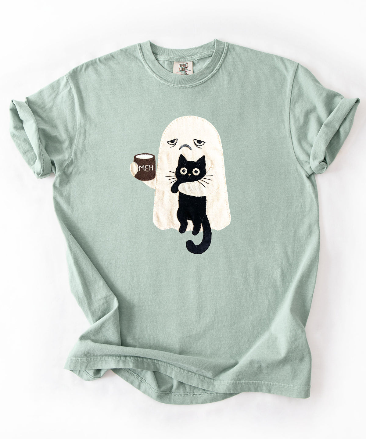 Ghost Cat Faux Patchwork Graphic T-Shirt — Grumpy Ghost Black Cat Coffee Tee