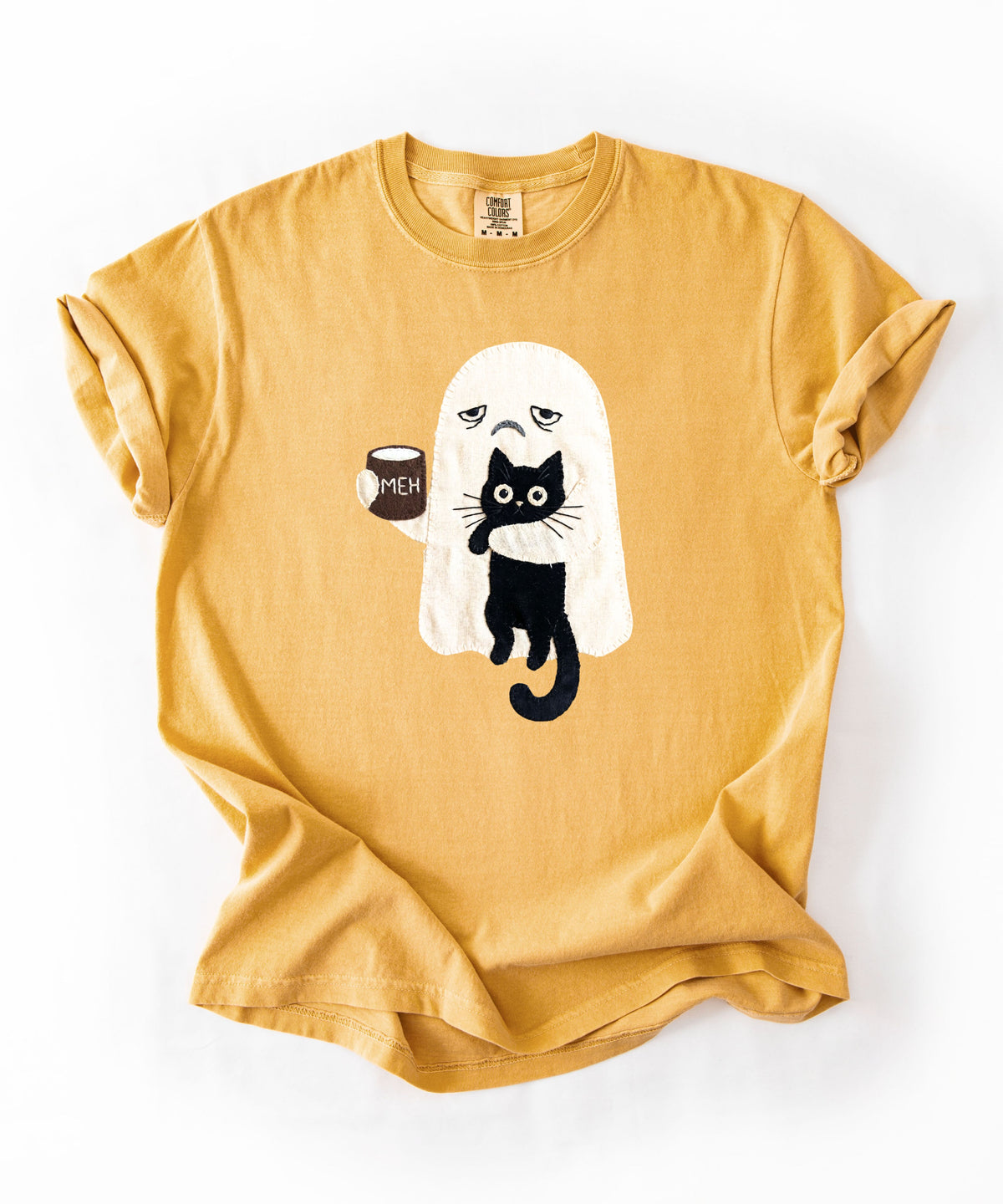 Ghost Cat Faux Patchwork Graphic T-Shirt — Grumpy Ghost Black Cat Coffee Tee