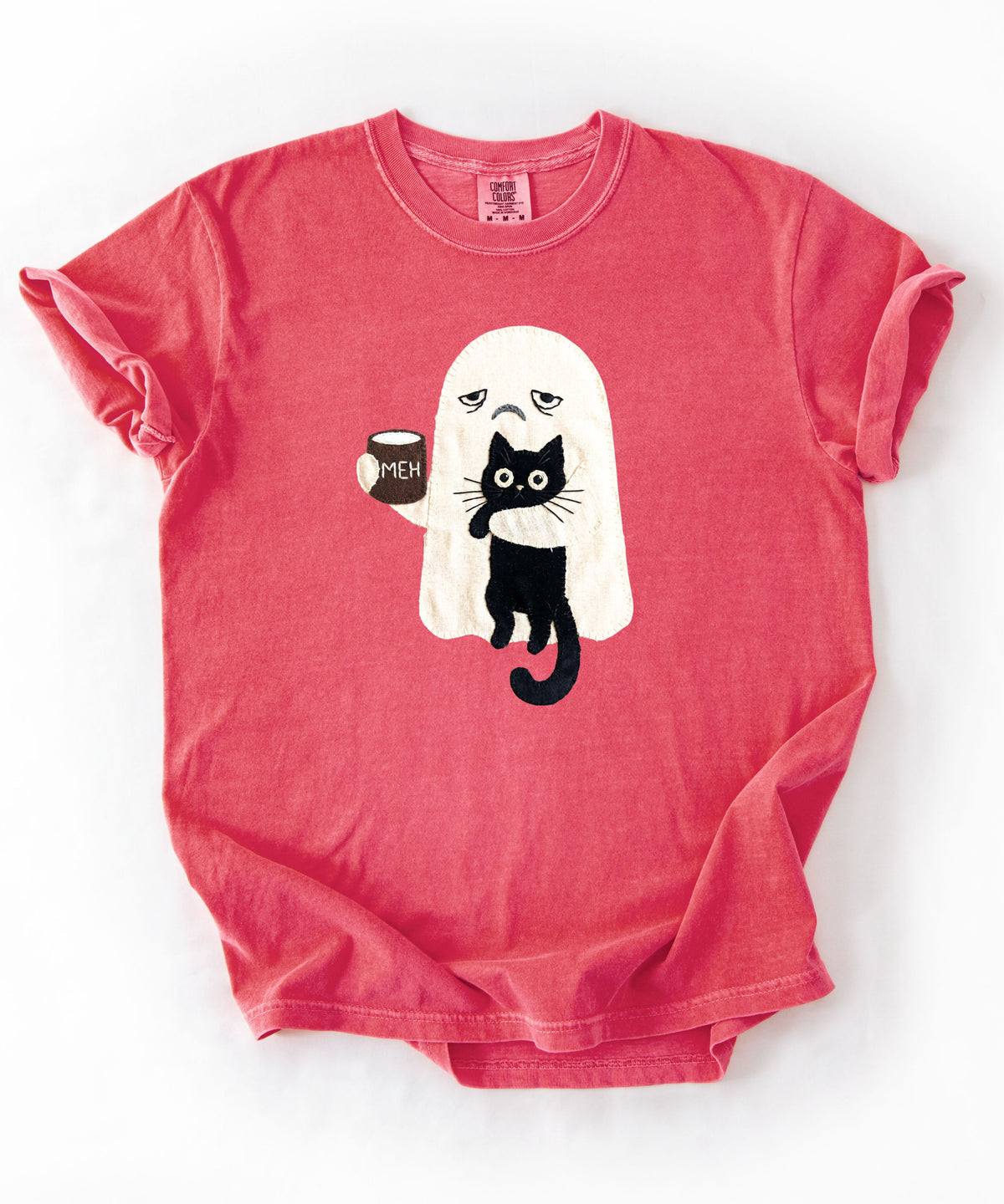 Ghost Cat Faux Patchwork Graphic T-Shirt — Grumpy Ghost Black Cat Coffee Tee