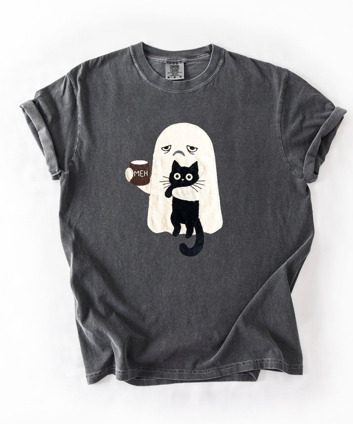 Ghost Cat Faux Patchwork Graphic T-Shirt — Grumpy Ghost Black Cat Coffee Tee