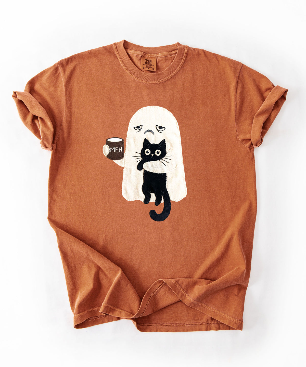 Ghost Cat Faux Patchwork Graphic T-Shirt — Grumpy Ghost Black Cat Coffee Tee