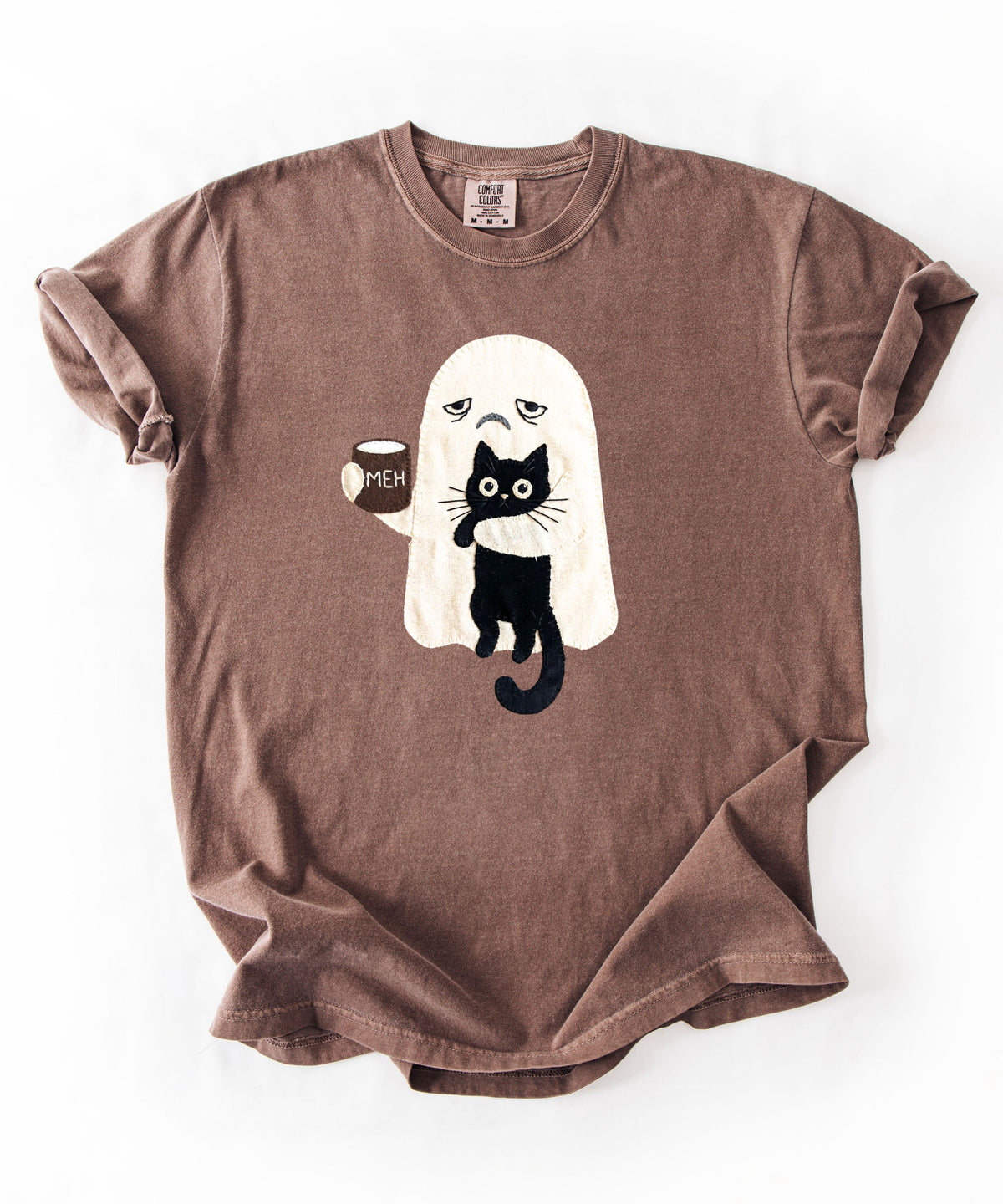 Ghost Cat Faux Patchwork Graphic T-Shirt — Grumpy Ghost Black Cat Coffee Tee