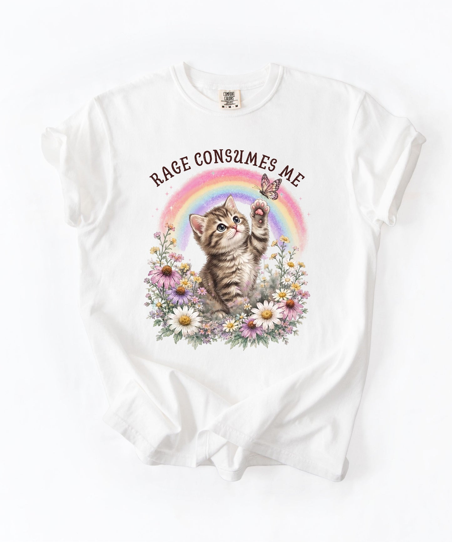 White Consumes Me funny cat graphic tee in Black — Comfort Colors garment-dyed shirt with floral kitten design