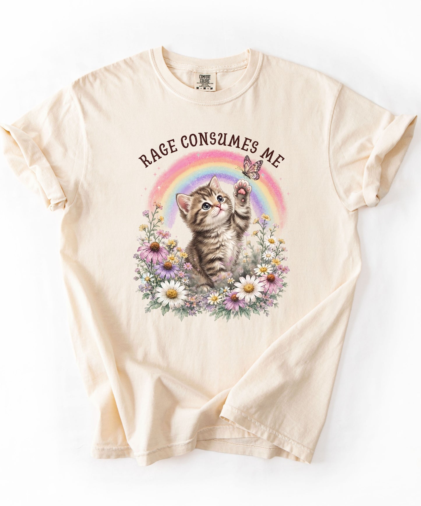 Rage Consumes Me funny cat graphic tee in Ivory — Comfort Colors garment-dyed shirt with floral kitten design