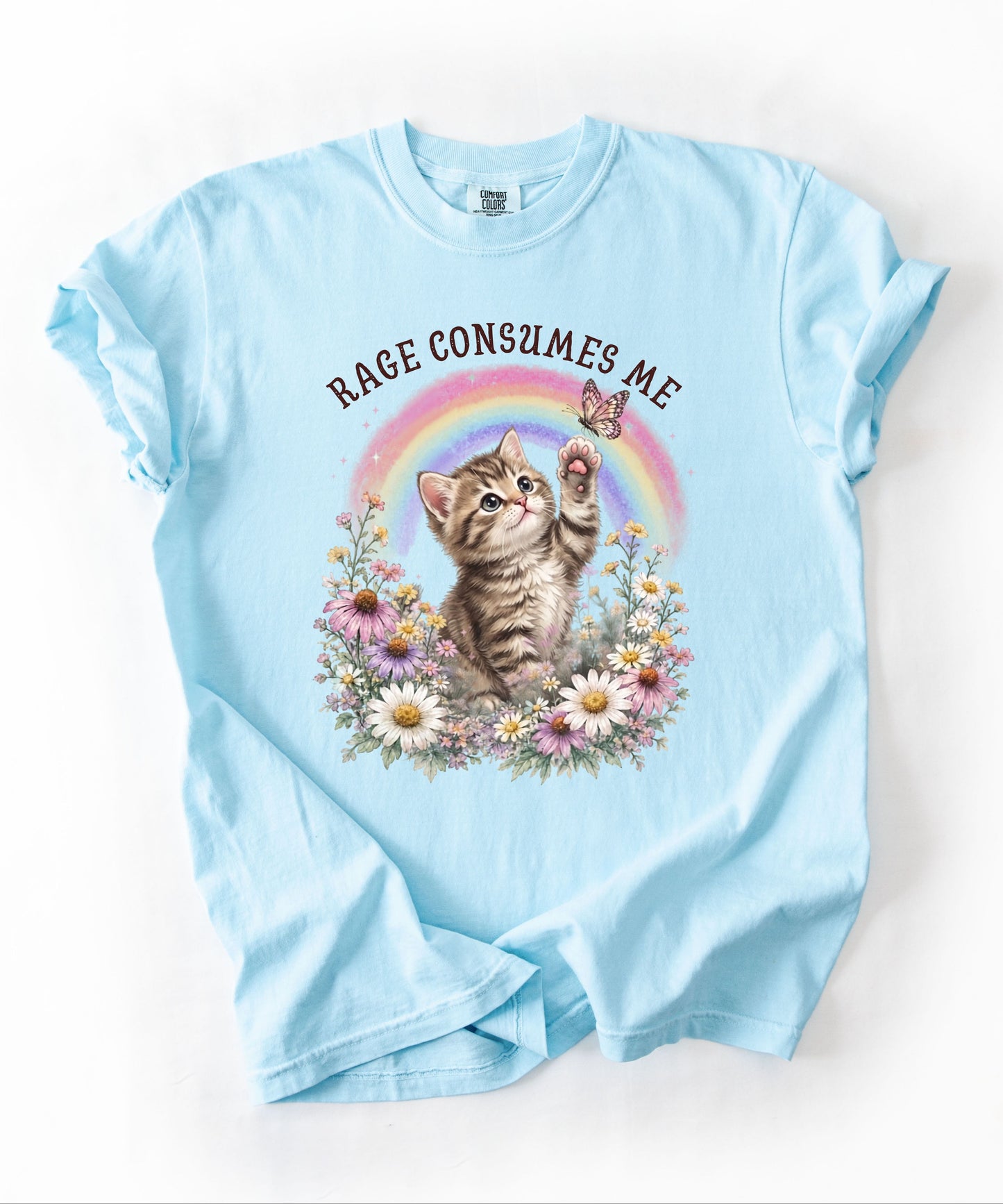 Rage Consumes Me funny cat graphic tee in Chambray — Comfort Colors garment-dyed shirt with floral kitten design