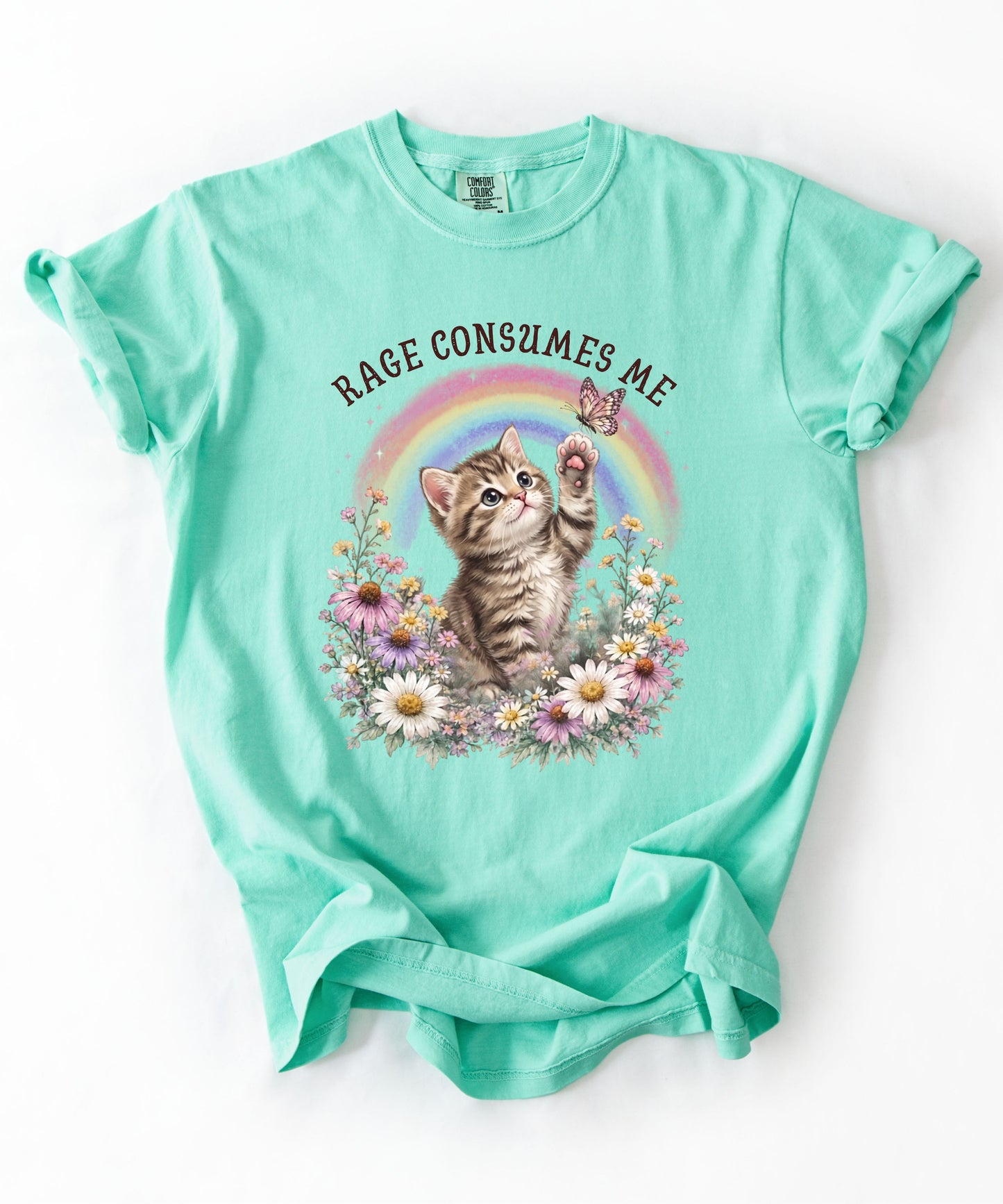 Rage Consumes Me funny cat graphic tee in Island Reef — Comfort Colors garment-dyed shirt with floral kitten design