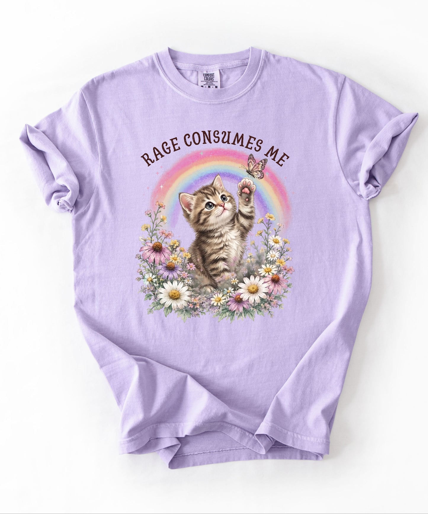 Rage Consumes Me funny cat graphic tee in Orchid — Comfort Colors garment-dyed shirt with floral kitten design