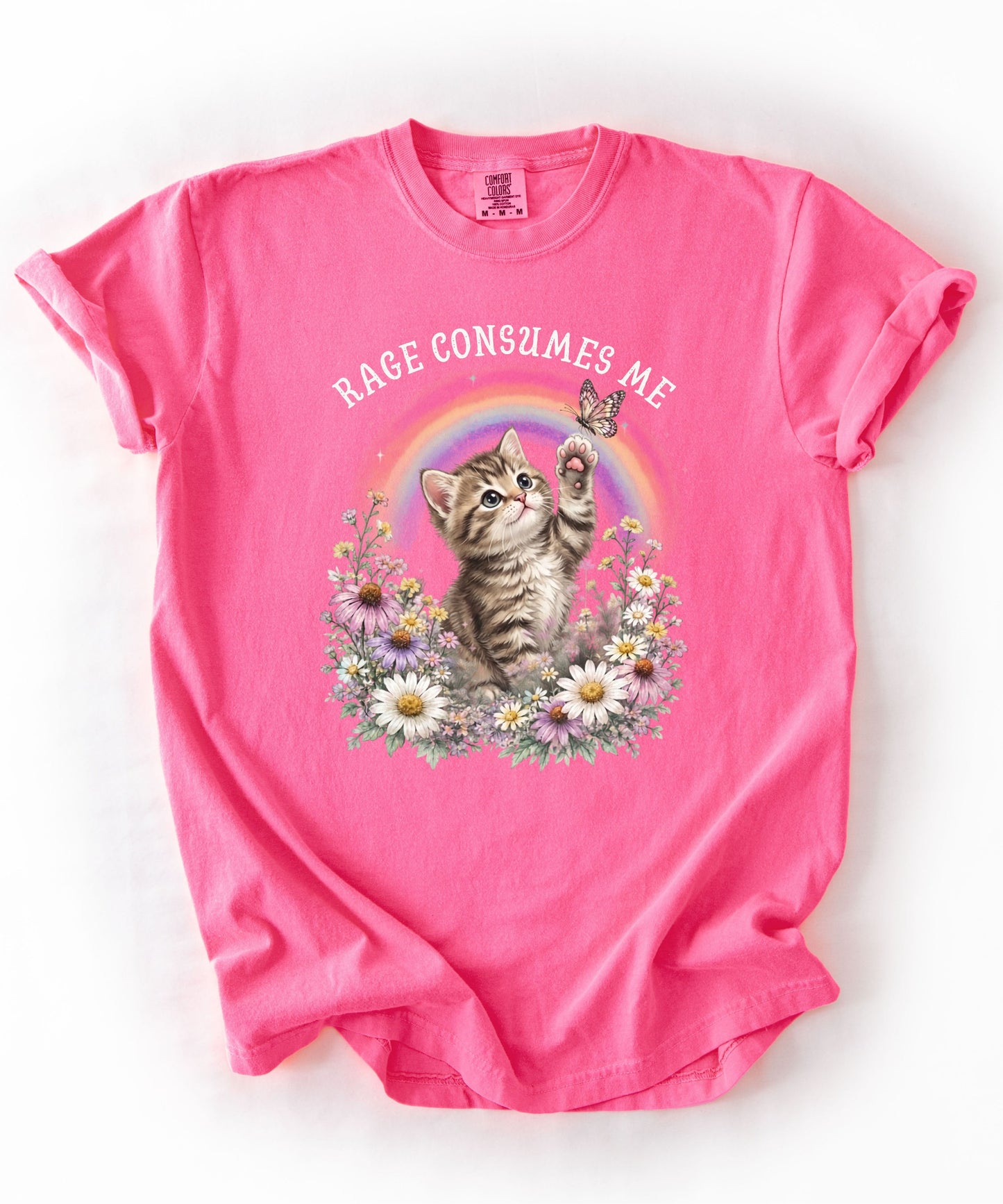 Rage Consumes Me funny cat graphic tee in Neon Pink — Comfort Colors garment-dyed shirt with floral kitten design