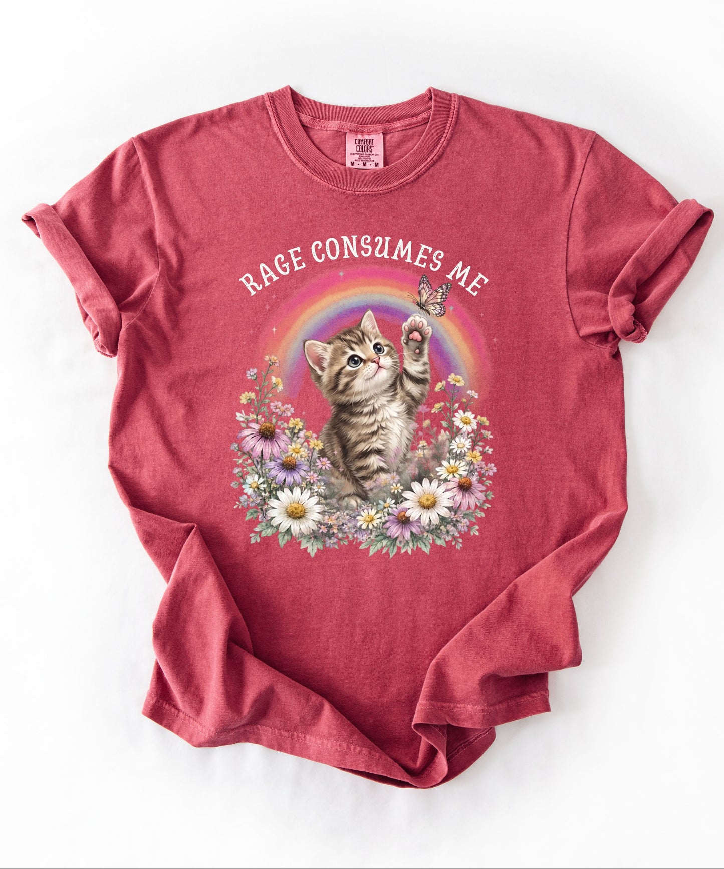 Rage Consumes Me funny cat graphic tee in Crimson — Comfort Colors garment-dyed shirt with floral kitten design