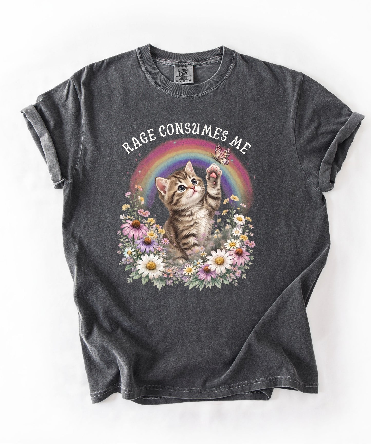 Rage Consumes Me funny cat graphic tee in Pepper — Comfort Colors garment-dyed shirt with floral kitten design