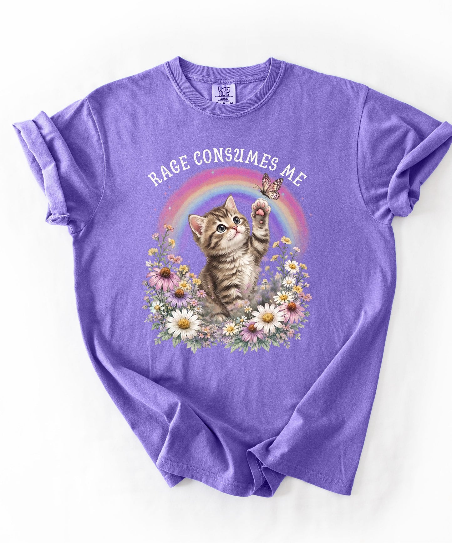 Rage Consumes Me funny cat graphic tee in Violet — Comfort Colors garment-dyed shirt with floral kitten design